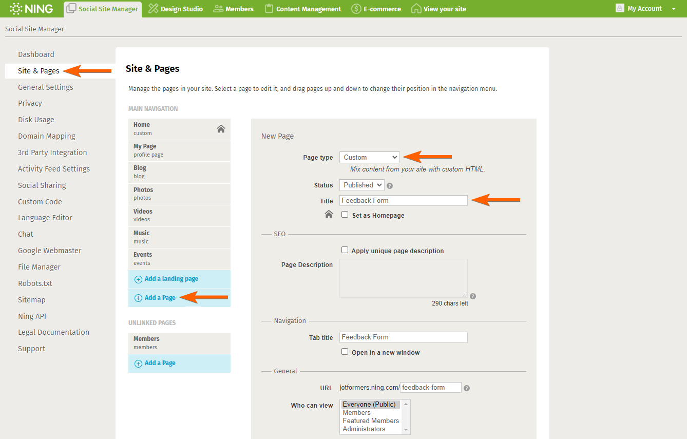Add New Page button on the Site & Pages section of the Ning Social Site Manager