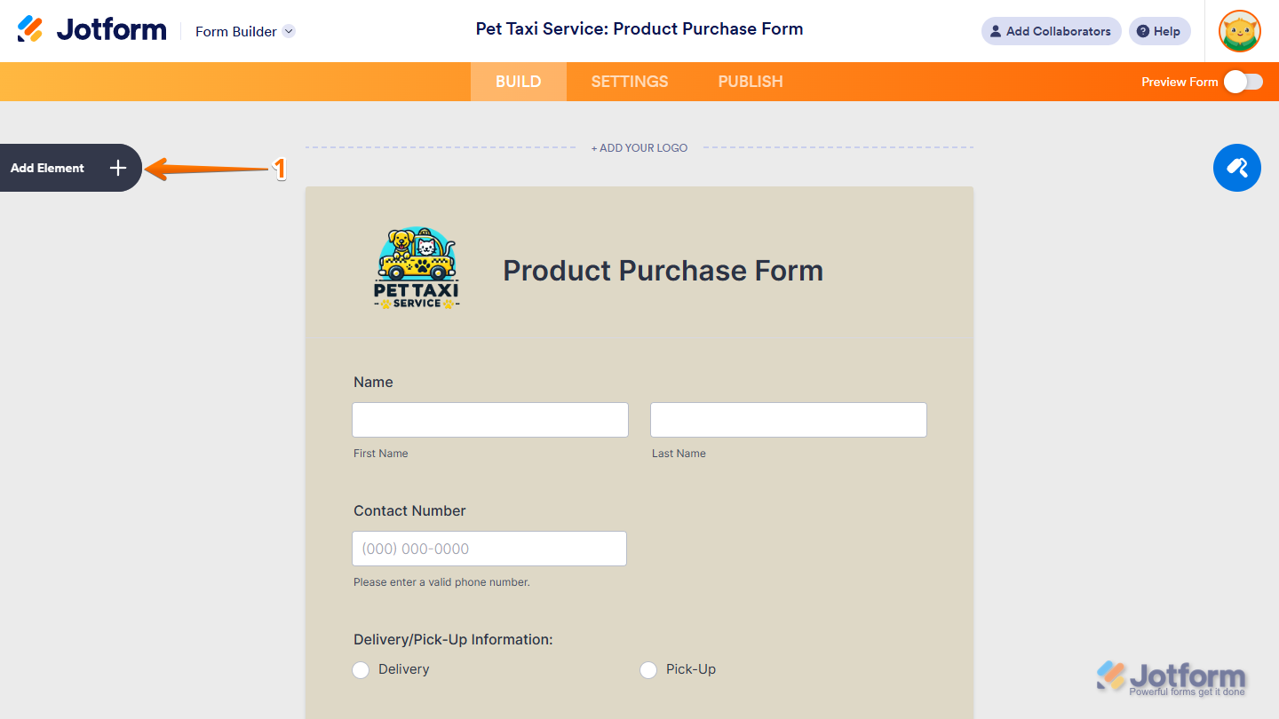Add Element button of Jotform Form Builder