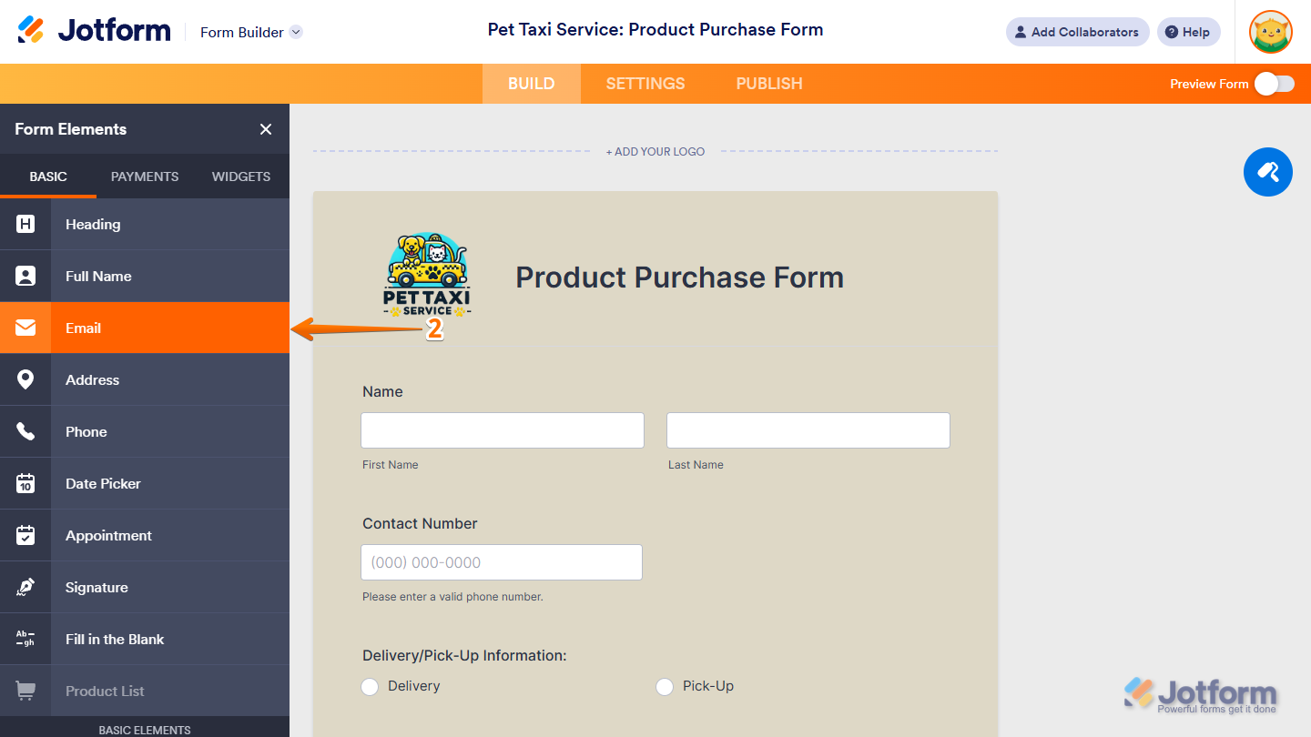 Email element under the Basic tab of the Form Elements menu in Jotform Form Builder