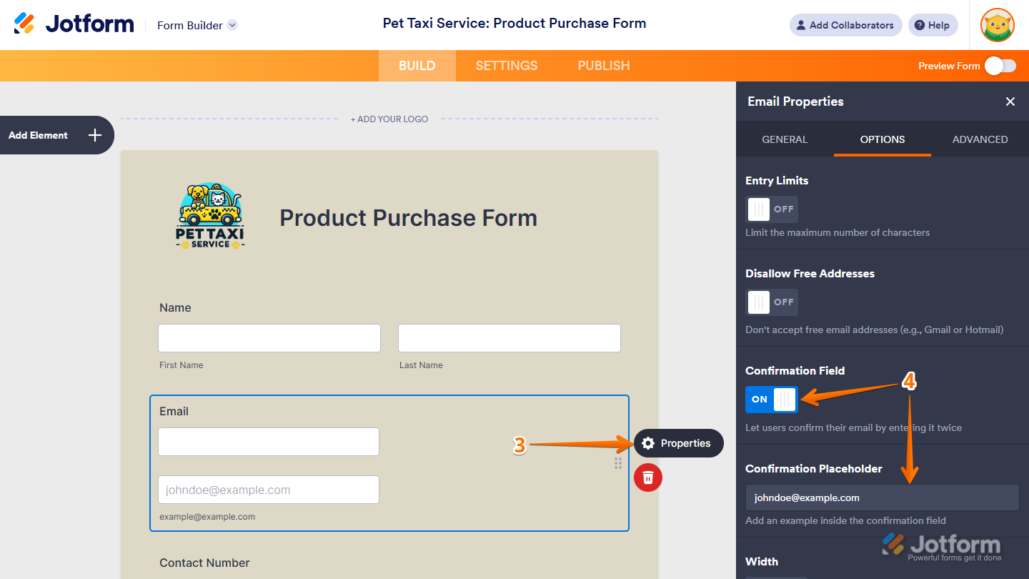 Confirmation Field and Confirmation Placeholder under the Options tab of the Email Properties window in Jotform Form builder
