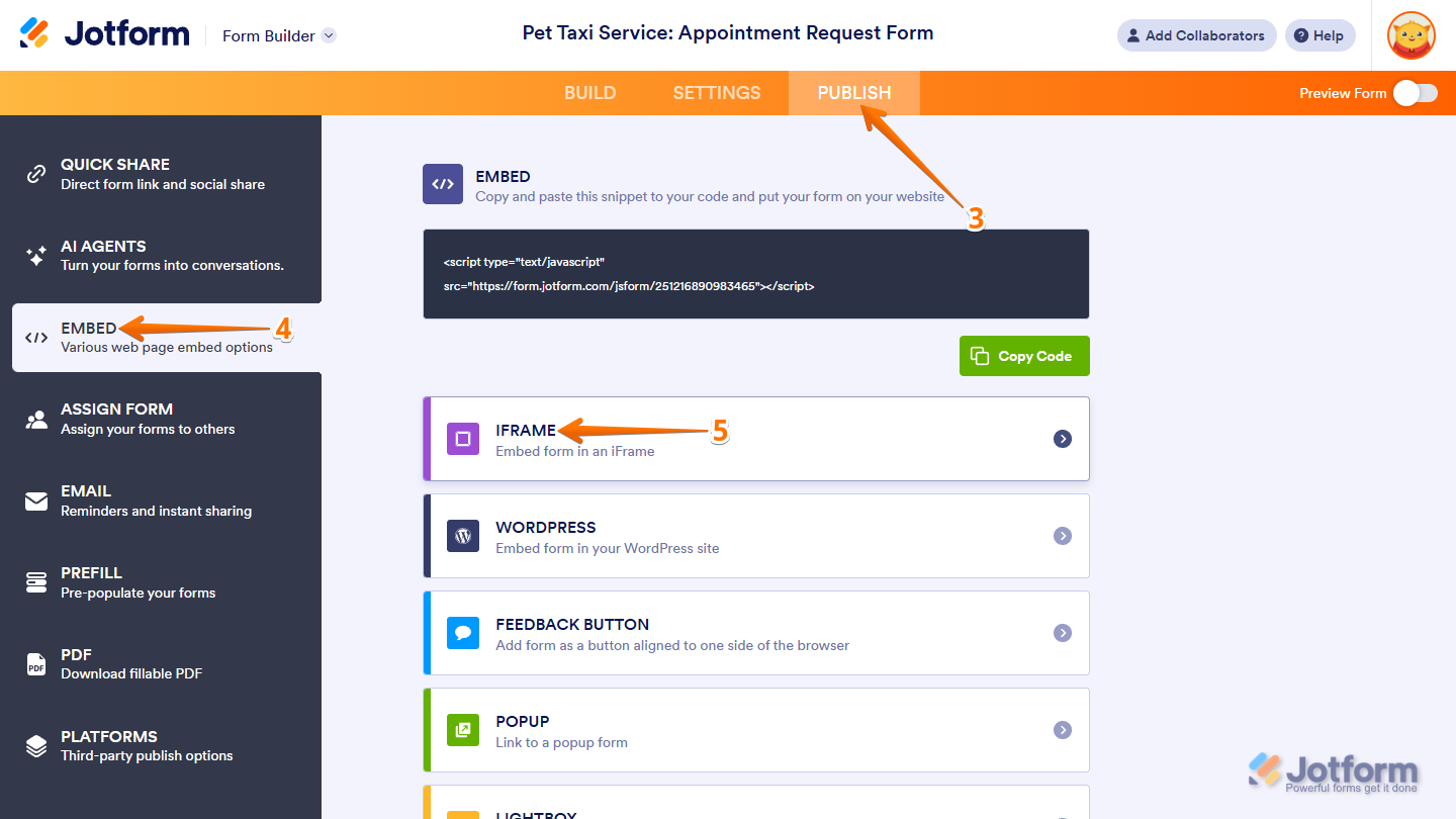 iFrame option in the Embed section of the Publish tab in Jotform Form Builder