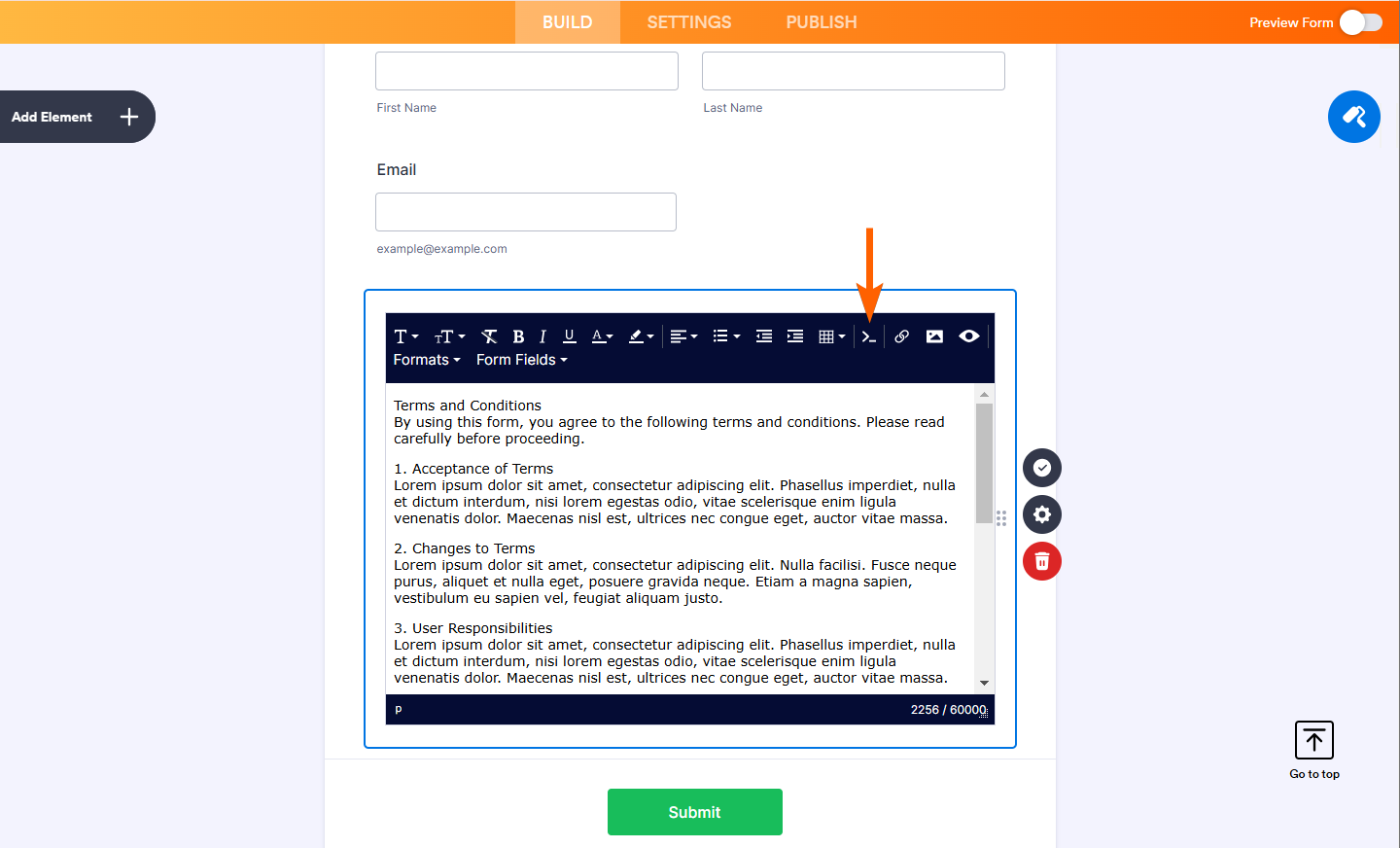Icono de Código Fuente del Elemento de Párrafo en Jotform