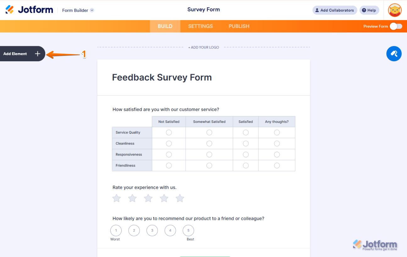 Add Element button in Jotform