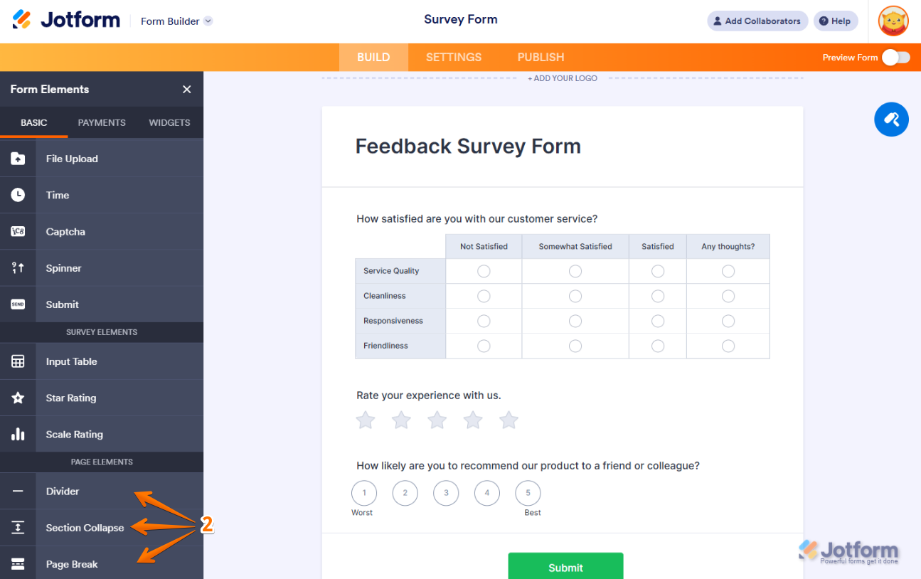 Page Elements fields in Form Elements in Jotform