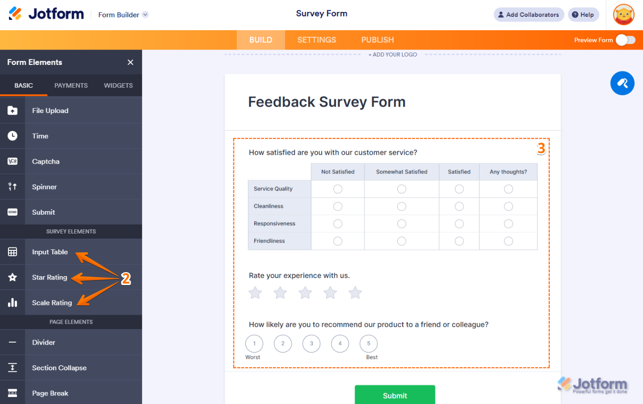 Survey Elements Fields in Form Element of Jotform