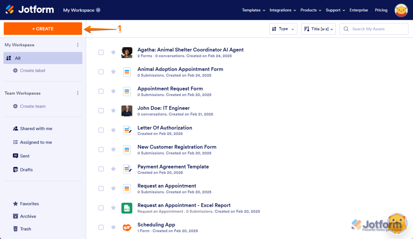 Jotform’s My Workspace page with the "Create" button in the top-left corner