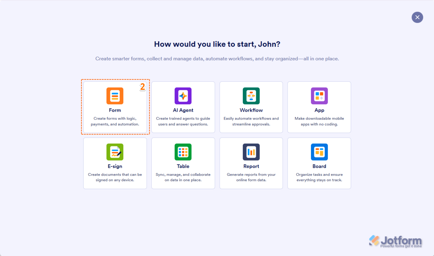 Click on Form in the Assets Page in Jotform