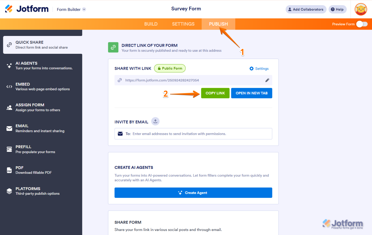 Copy link button in Publish Tab in Jotform