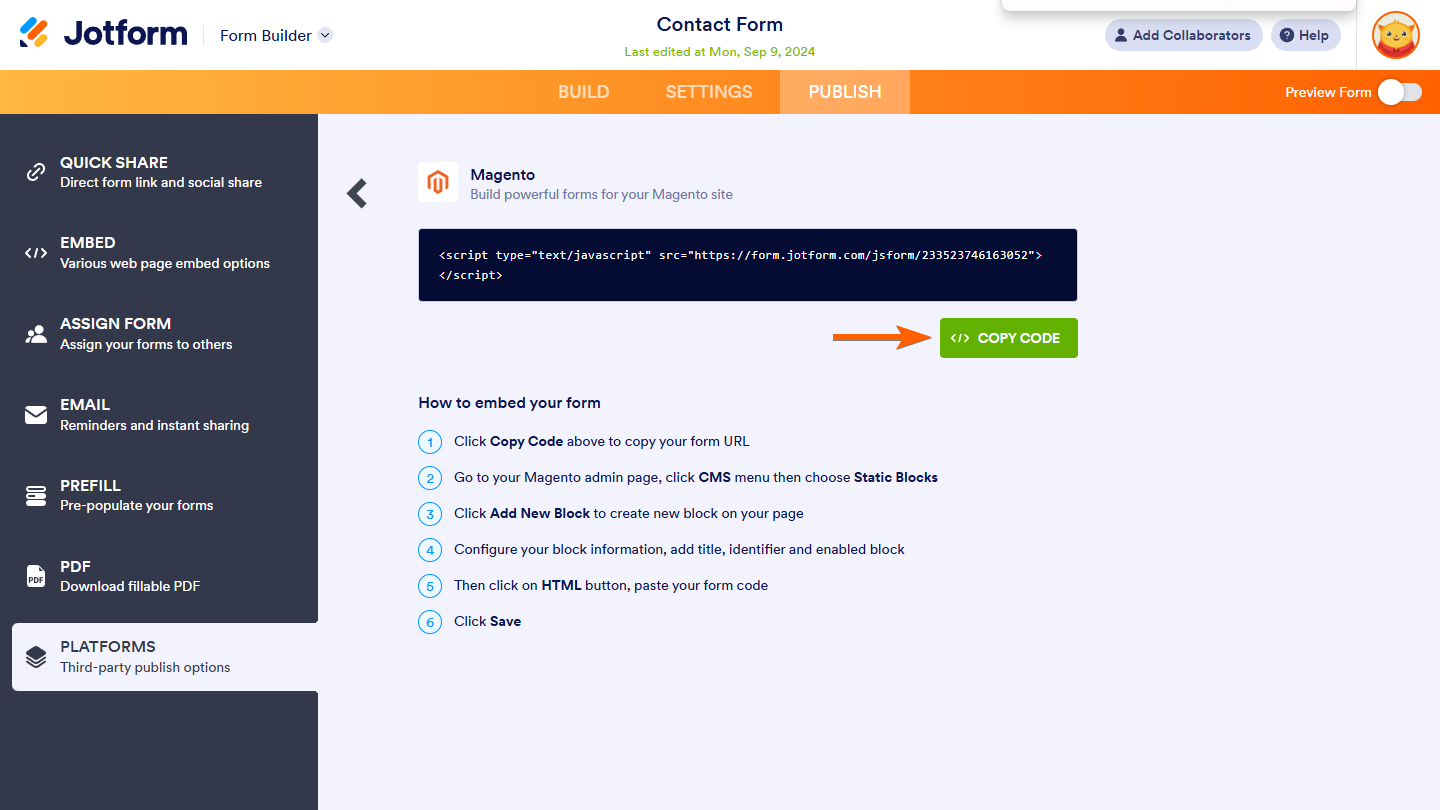 Botón Copiar Código en Magento en la pestaña Plataformas del Constructor de Formularios en Jotform