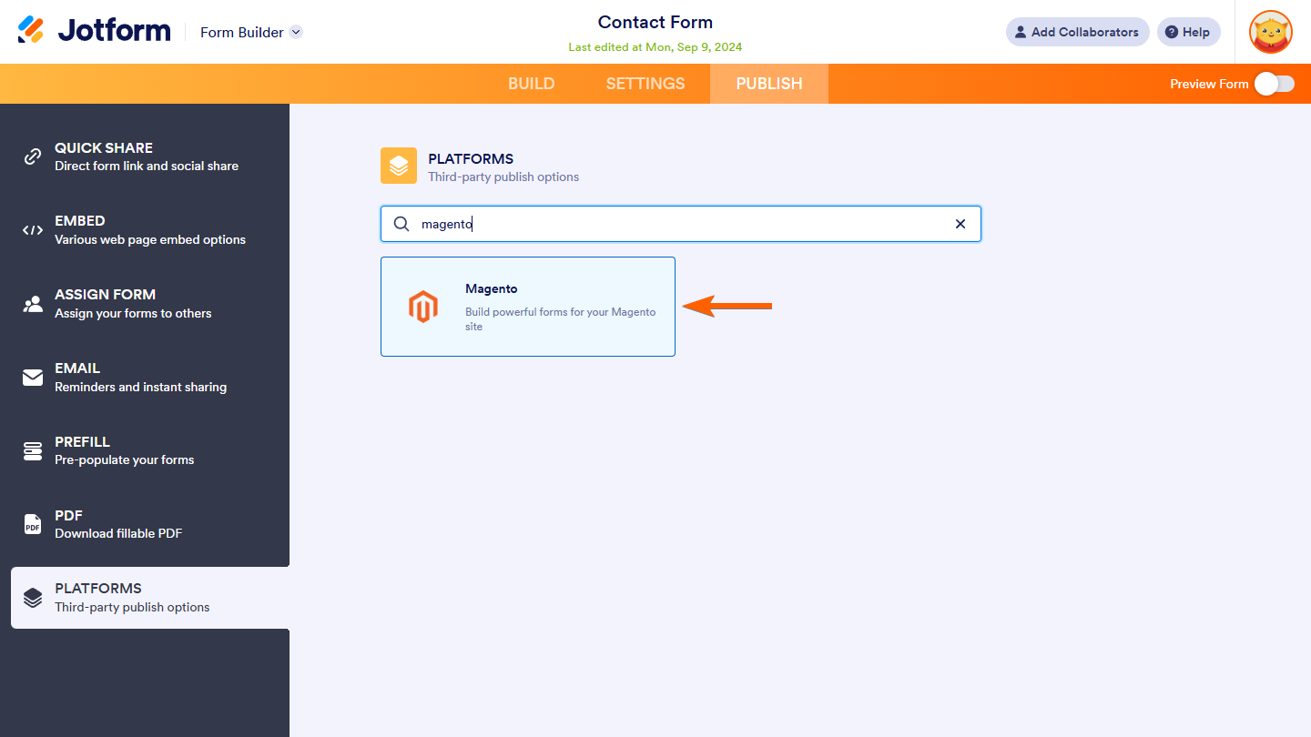Opción de publicación Magento en la pestaña Plataformas del Constructor de Formularios en Jotform