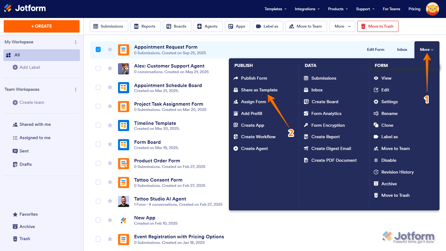 Share as Template Button in Workspace in Jotform