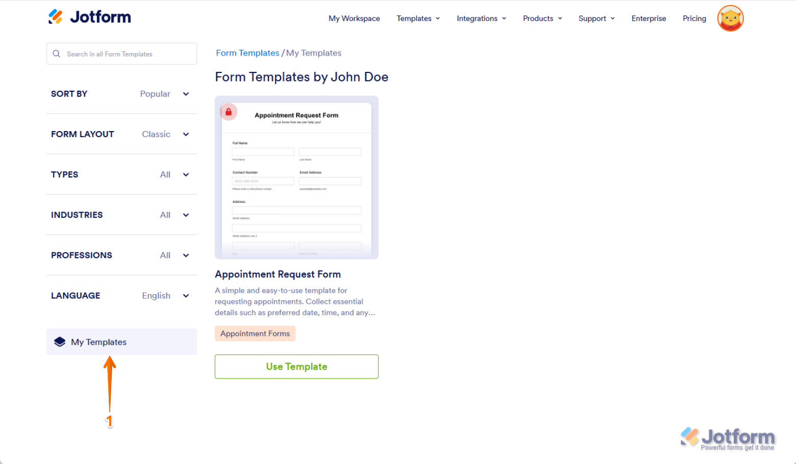 Templates Gallery in Jotform with the 'My Templates' tab highlighted in the left menu