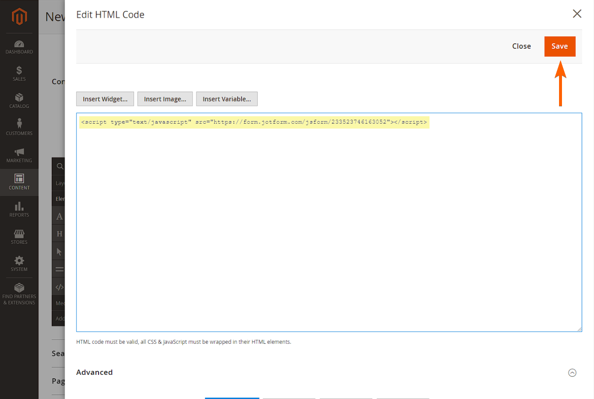 Editor de código fuente y botón Guardar de la ventana Editar Código HTML en el Editor de Páginas de Magento
