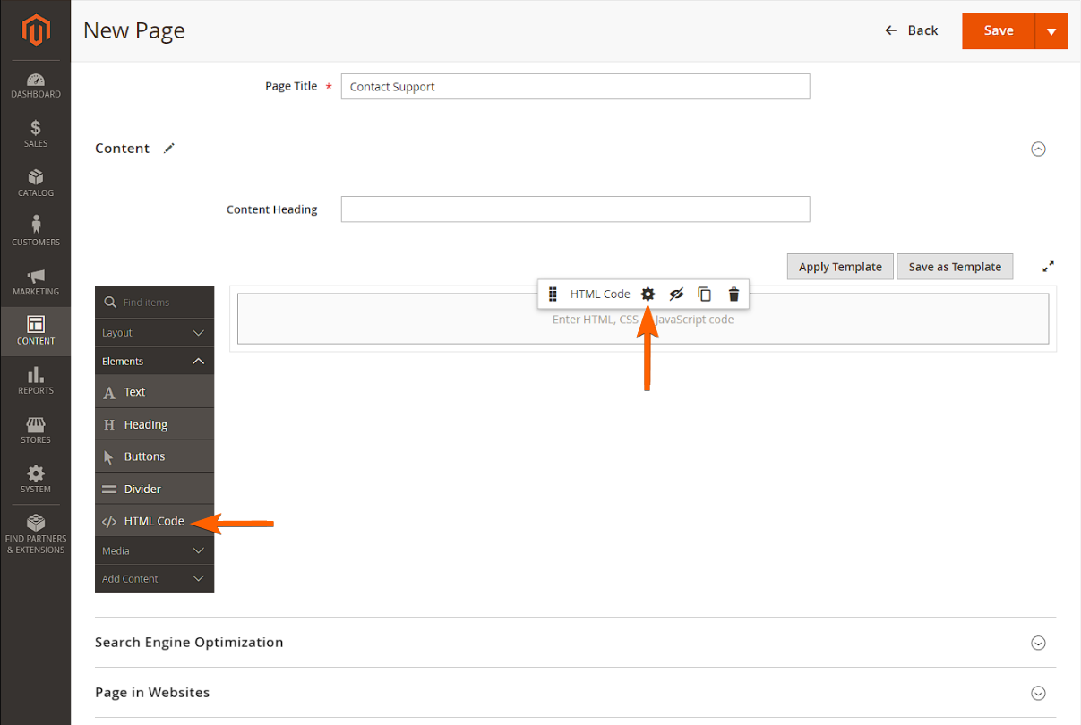 Botón de Configuración del elemento Código HTML en el Editor de Páginas de Magento