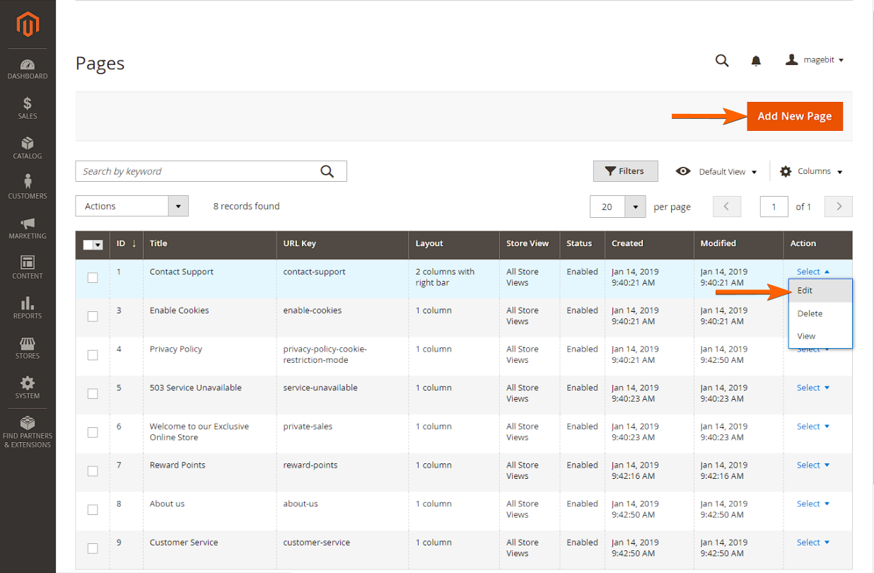 Botón Añadir Nuevo y opción Editar Página de la sección de Páginas en el Editor de Páginas de Magento