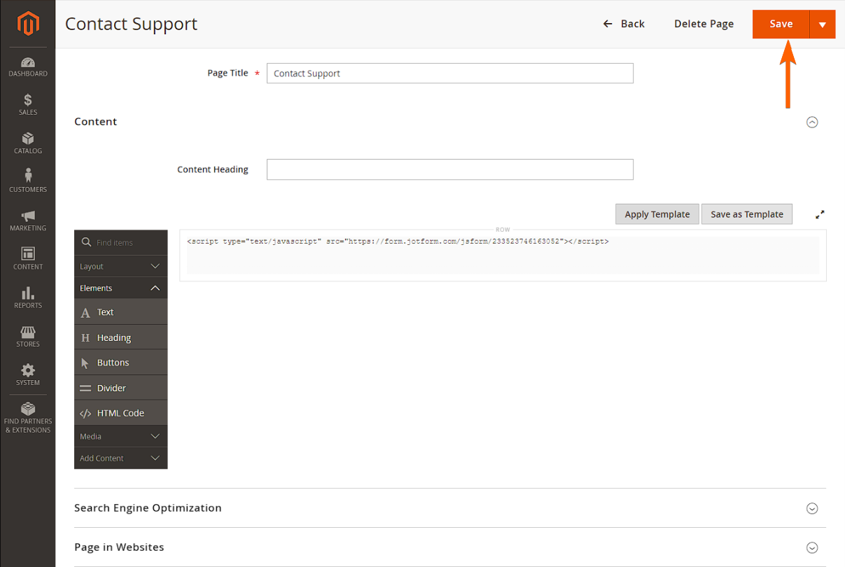 Botón Guardar del Editor de Páginas de Magento