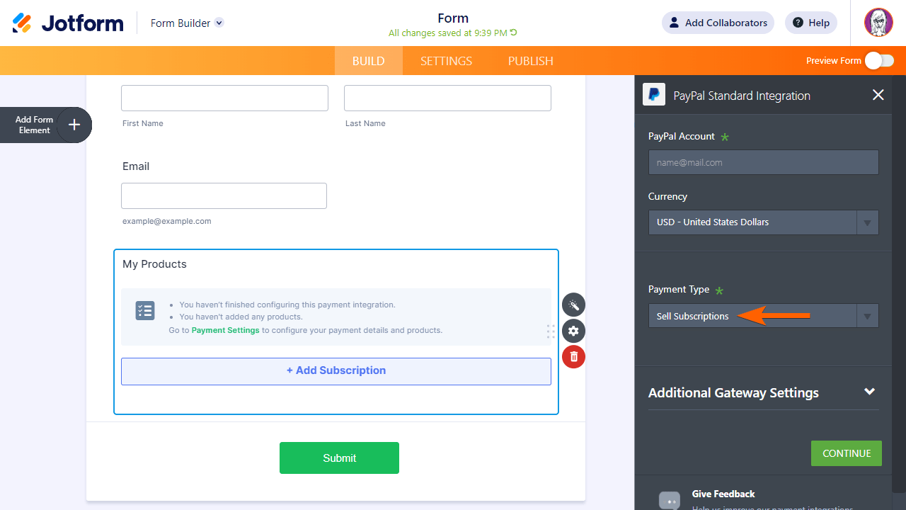 El tipo de pago Vender Suscripciones en Jotform