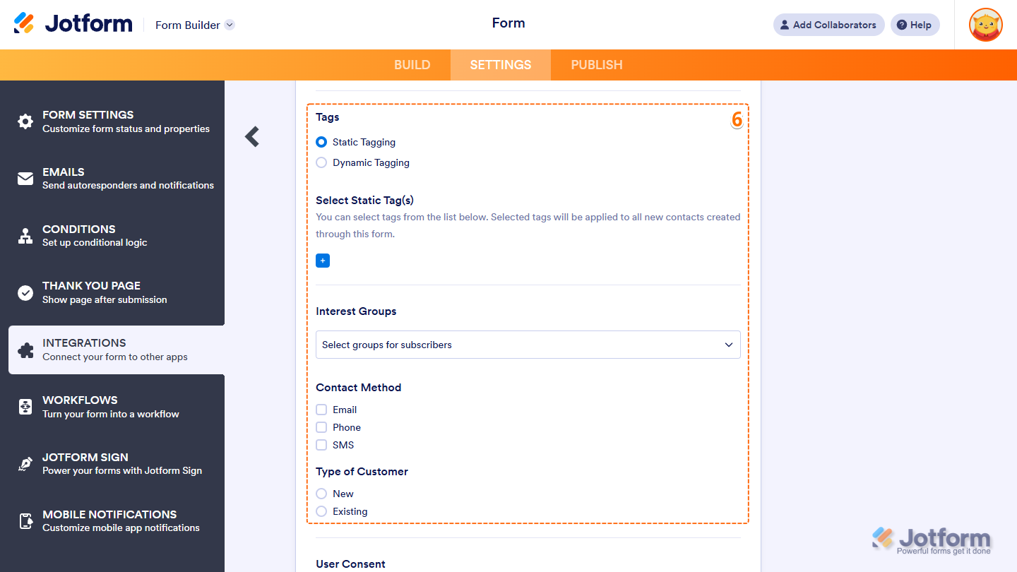 Tags and Interest Groups in the Mailchimp integration settings