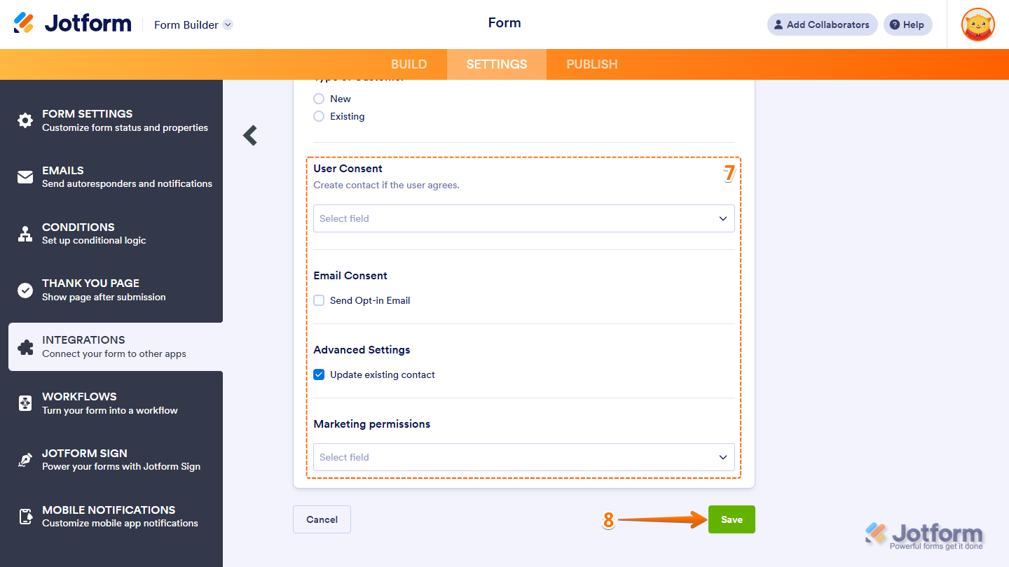 User Consent, Email Consent, and Advanced Settings in the Mailchimp integration settings