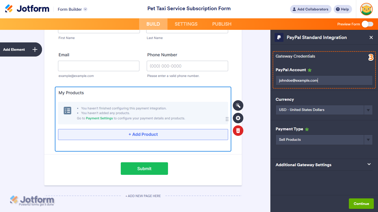 Gateway Credentials section in the Integration window of a payment field in Jotform Form Builder