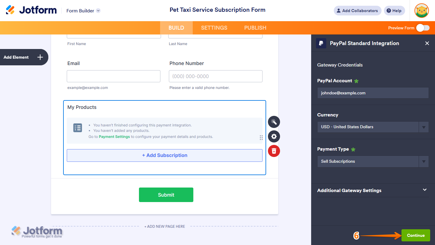 Continue in the Integration window of a payment field in Jotform Form Builder