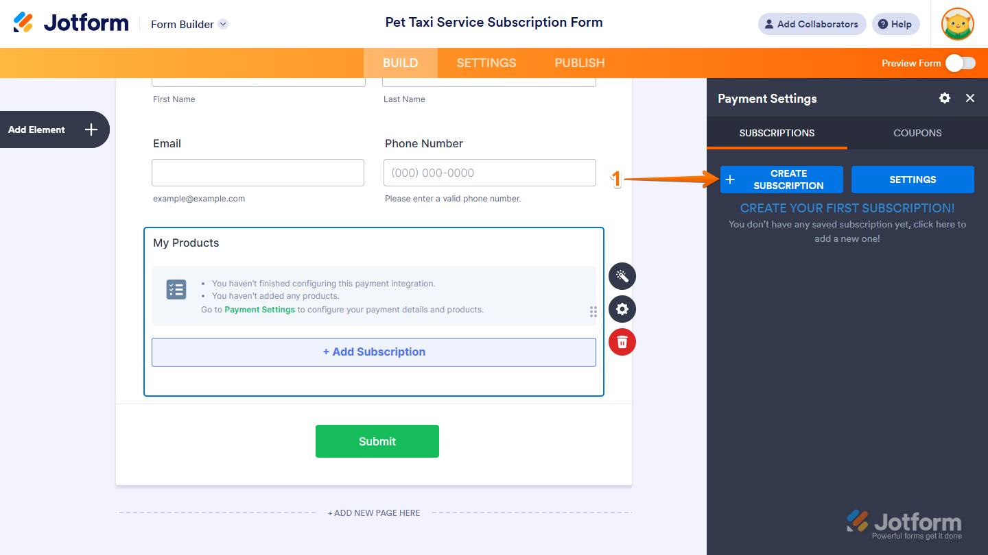 Create Subscription button in the Subscriptions tab of the Payment Settings window of a payment field in Jotform Form Builder