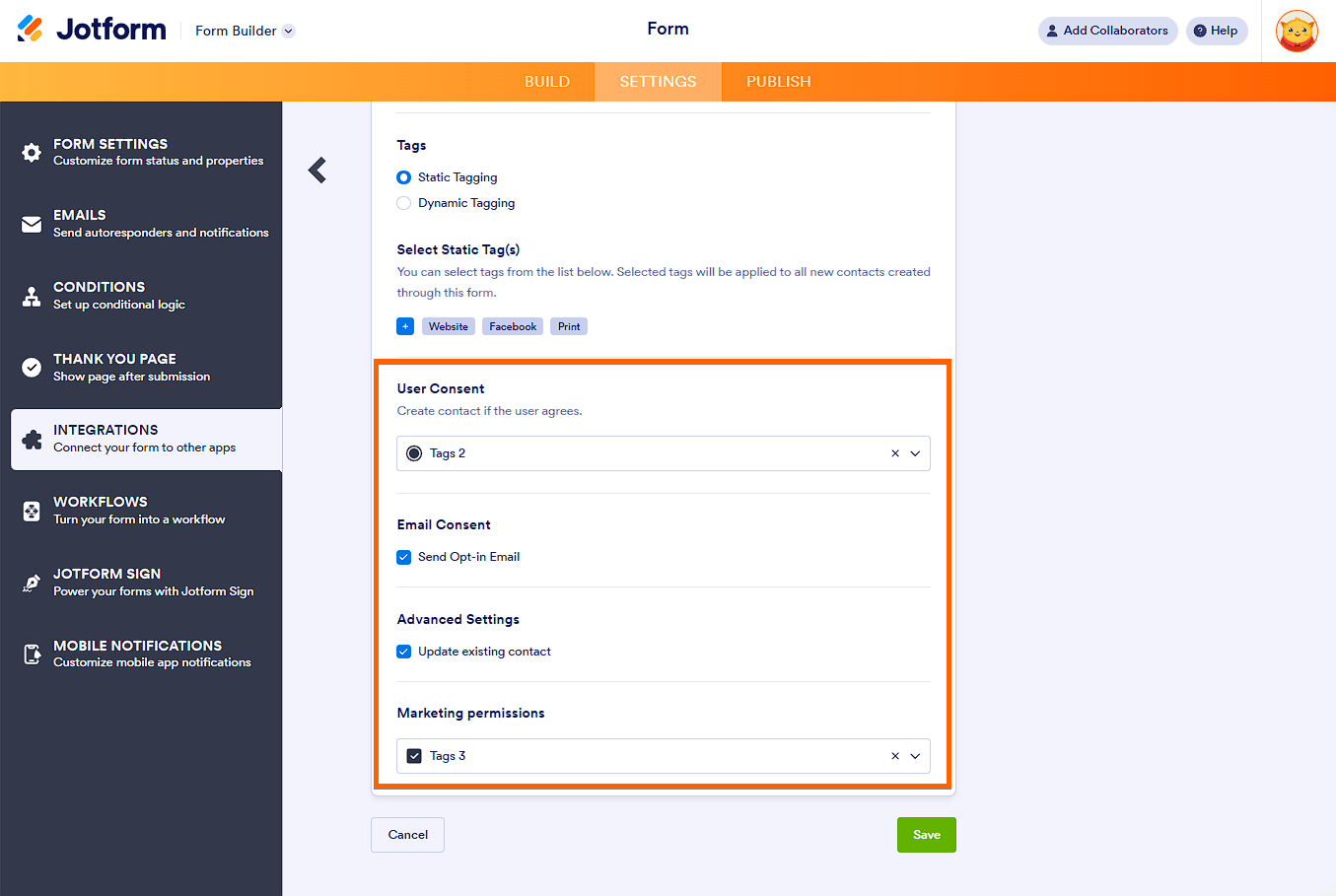 Opciones adicionales en la integración de Mailchimp