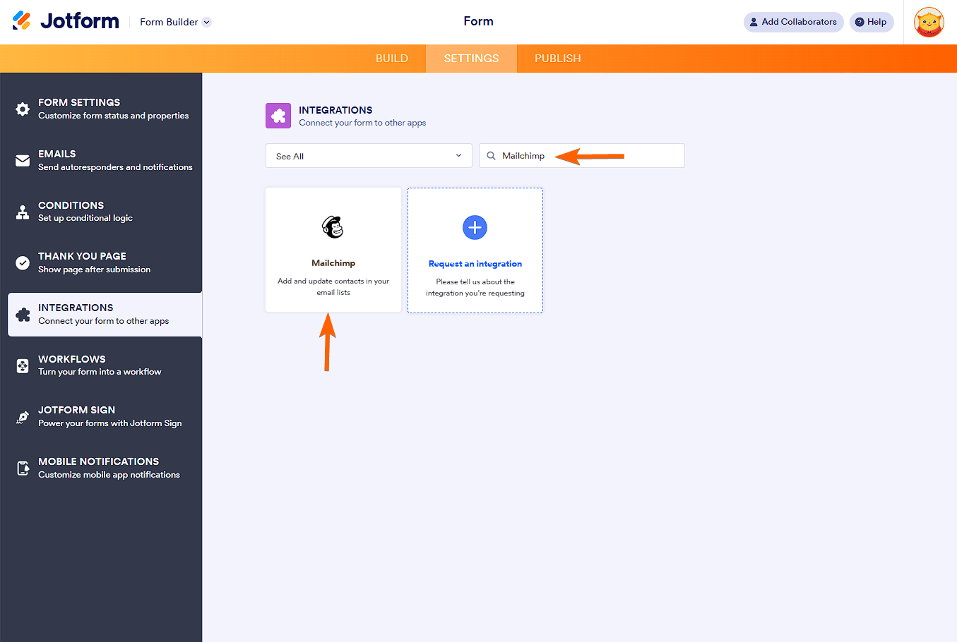 Opción de integración con Mailchimp en la sección de Integraciones del Creador de Formularios de Jotform