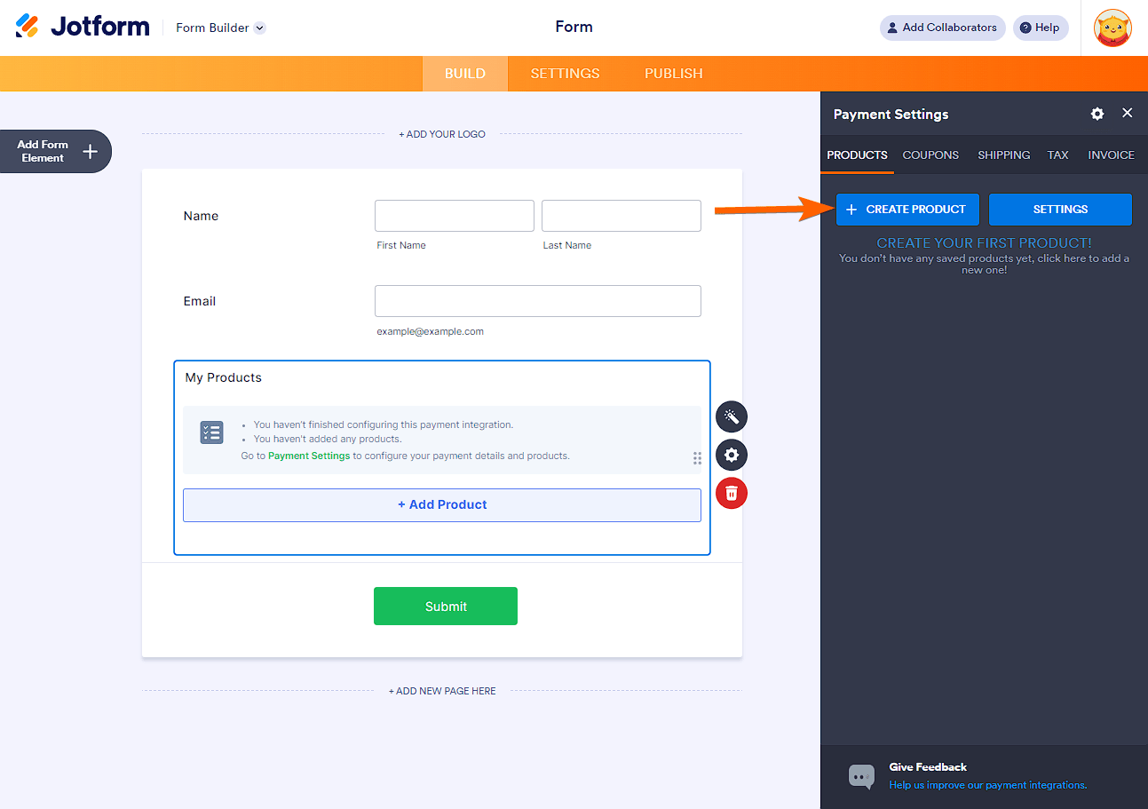 Botón Crear Producto de la integración con PayPal Personal en el Creador de Formularios de Jotform
