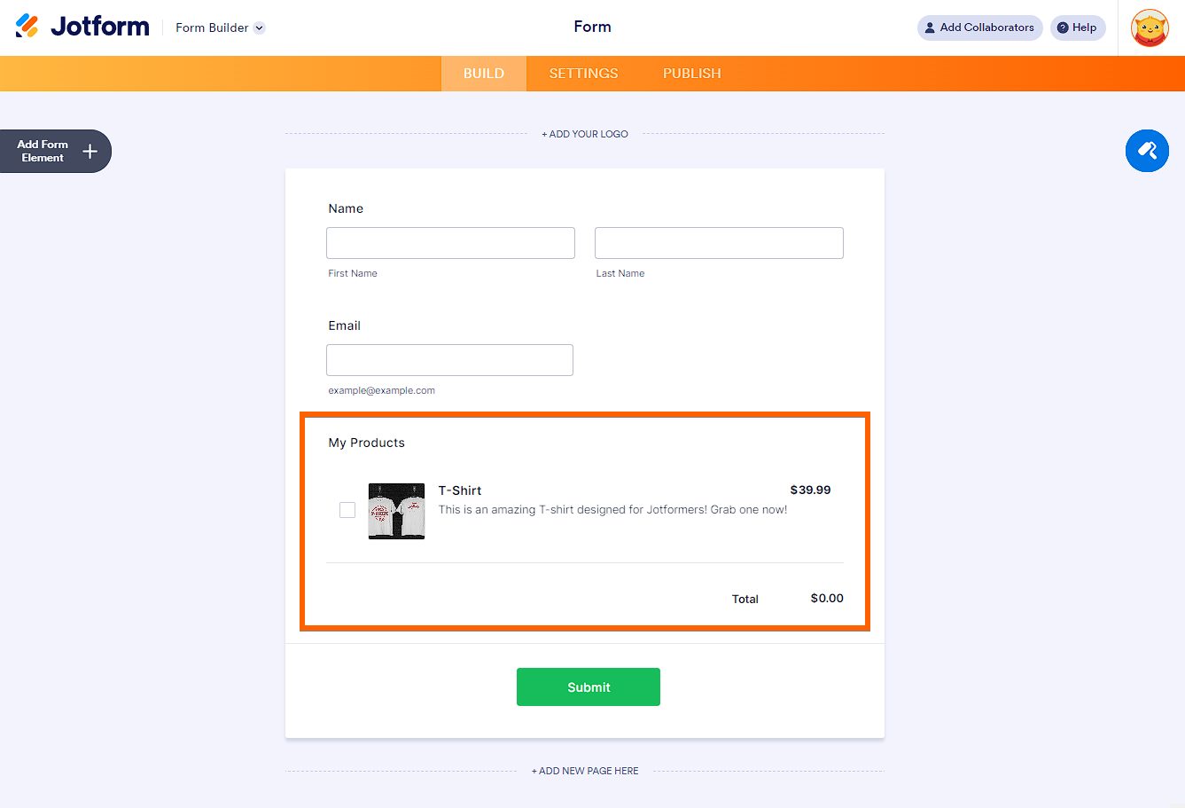 Configuración simple de producto en el Creador de Formularios de Jotform