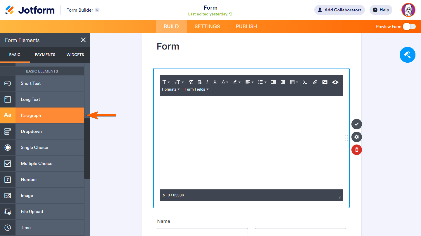 El elemento Párrafo en el Constructor de Formularios de Jotform