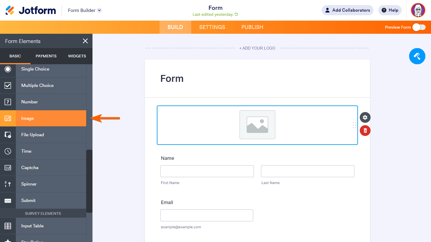Añadiendo un elemento de Imagen en el Constructor de Formularios de Jotform