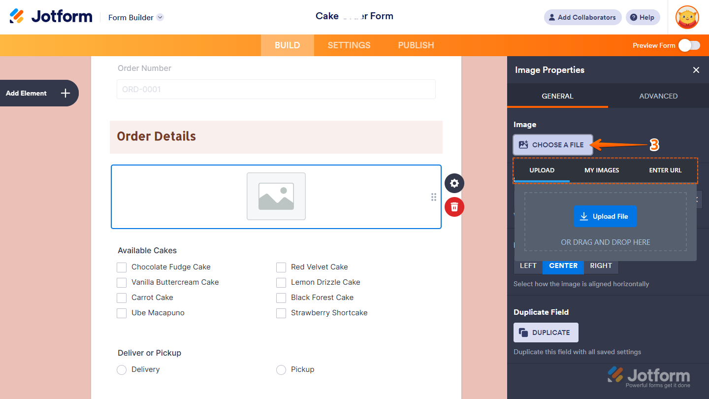 Choose a File button under the General tab of the Image Properties window in Jotform Form Builder