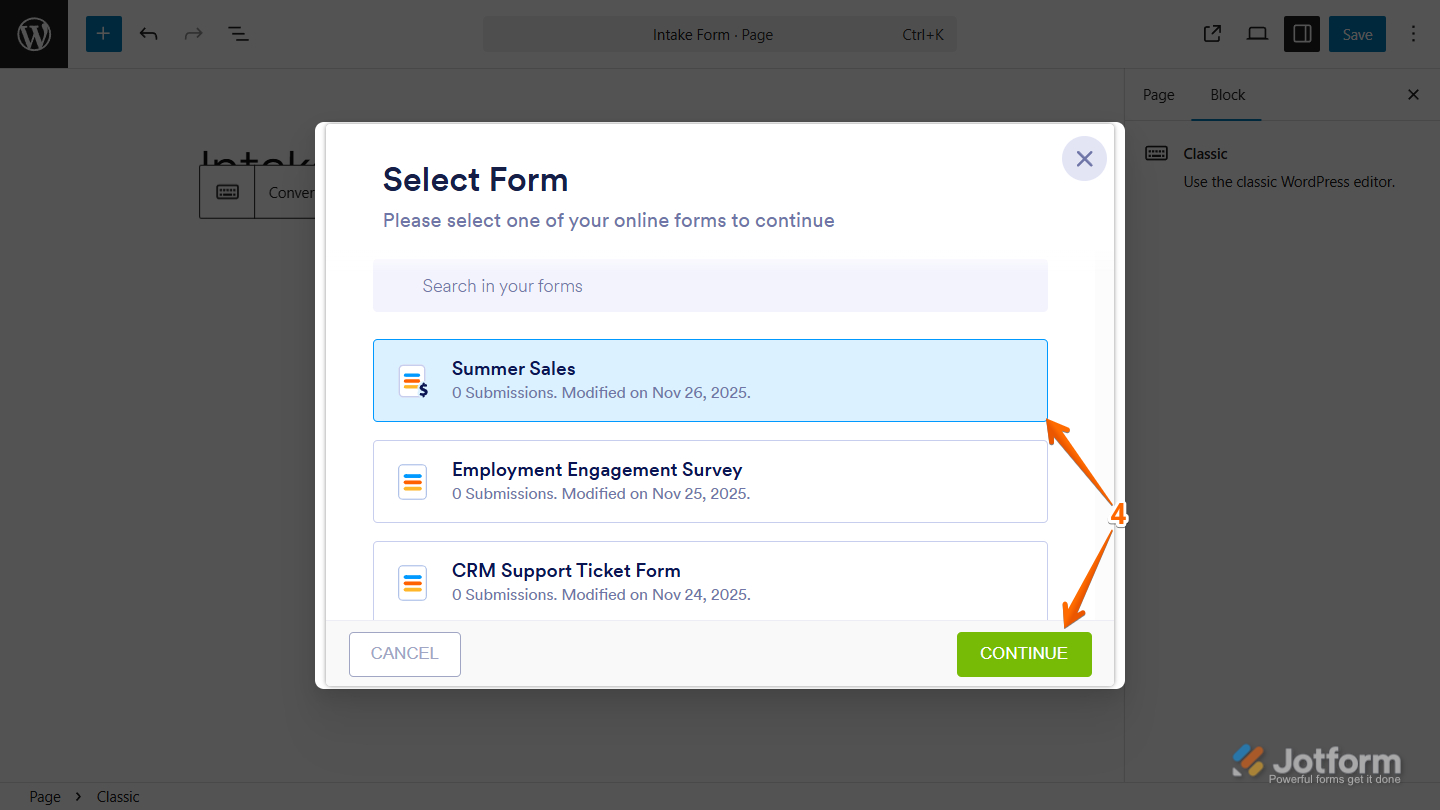 Select Form and Continue button in the Jotform Form Embed Plugin