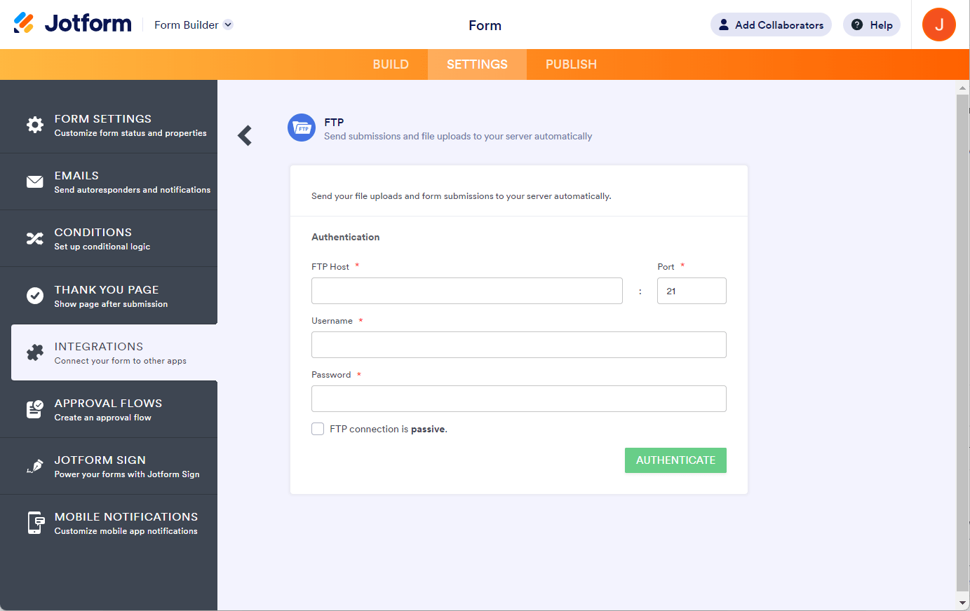 Ventana de autenticación de la integración FTP de Jotform mostrando las casillas para host FTP, puerto, nombre de usuario y contraseña