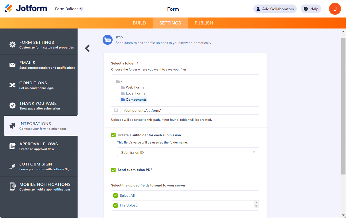 La configuración de la integración FTP mostrando las opciones para Carpeta Principal, Subcarpeta, Enviar PDF de Envío y Enviar Cargas de Archivos