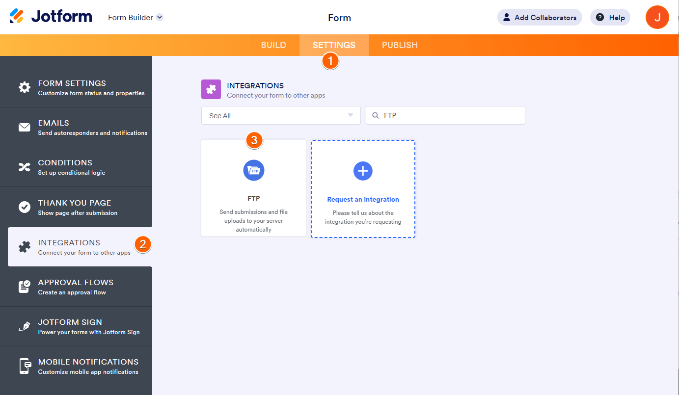 Panel de integraciones del Creador de Formularios de Jotform mostrando la opción de integración FTP