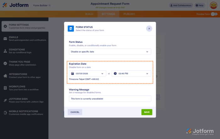 Disable on Specific Date option Jotform