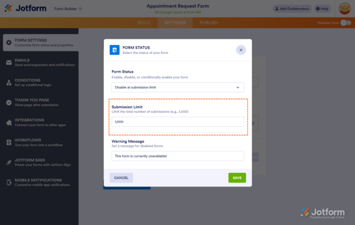 Disable at Submission Limit Jotform