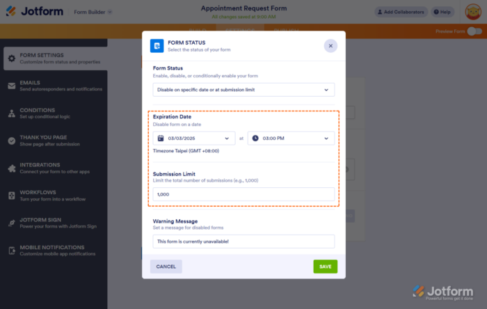 Disable on Specific Date or at Submission Limit Jotform