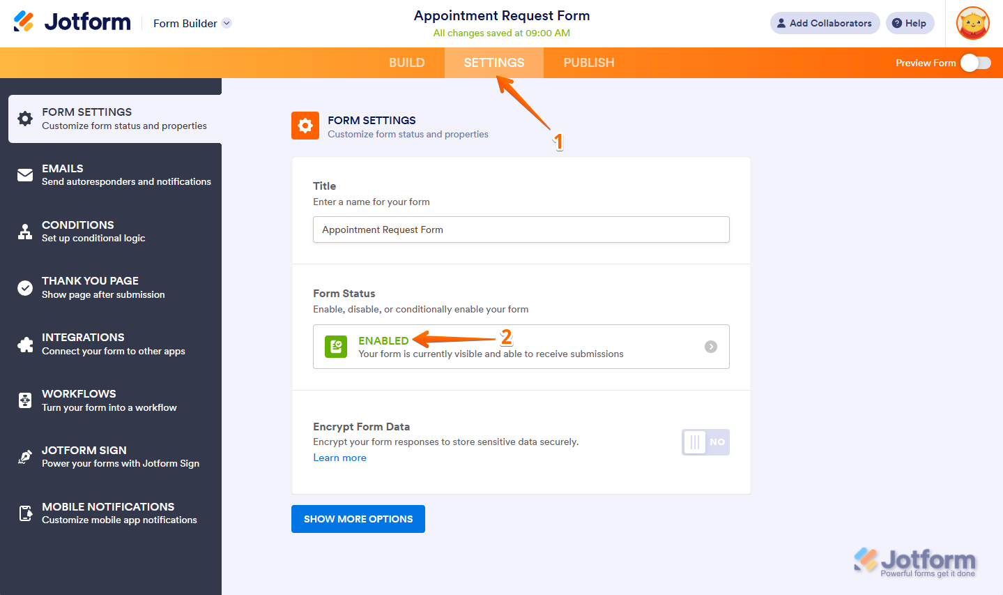 Form Status option in Form Settings of Jotform