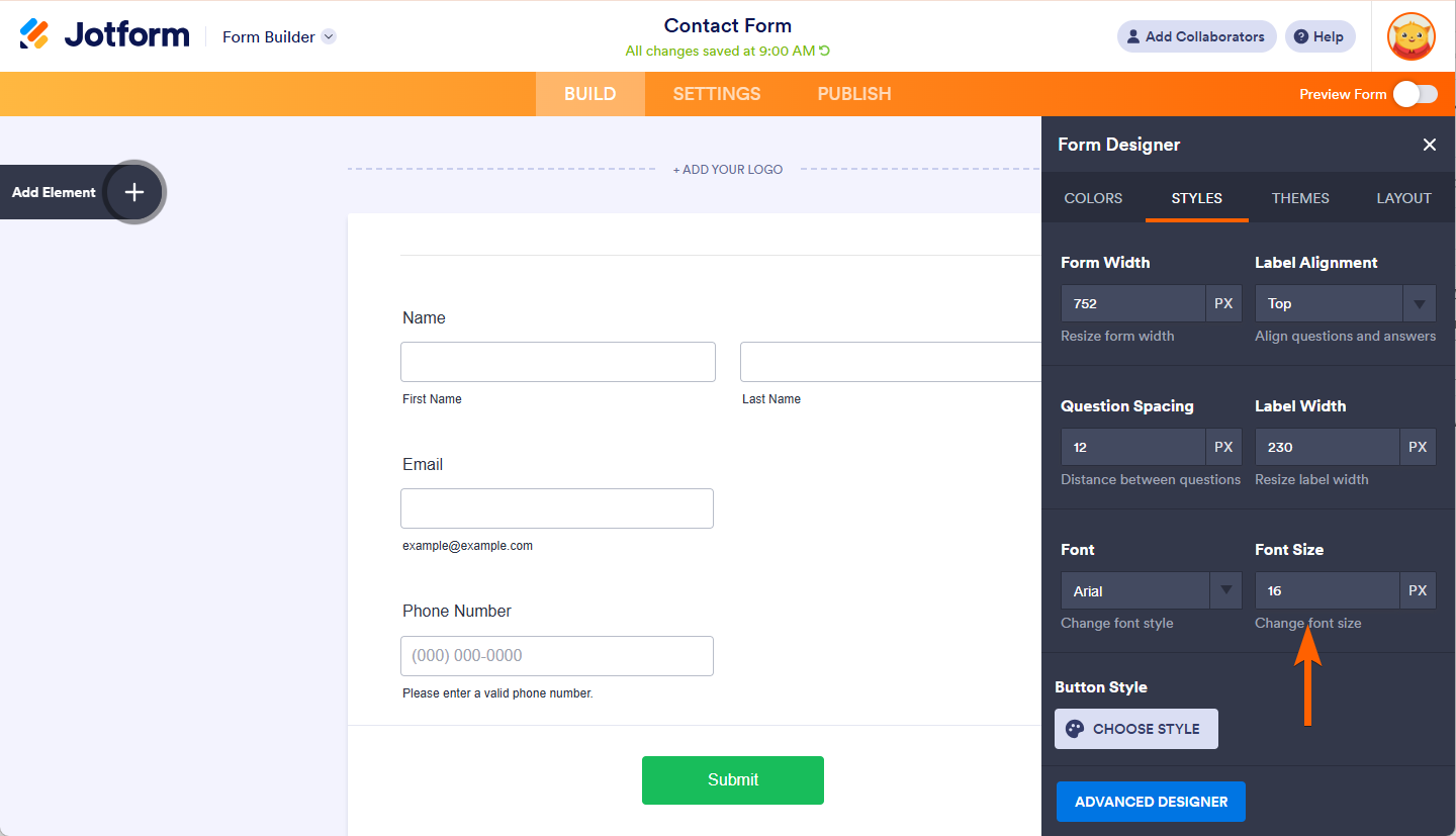 Font Size option in Form Designer Jotform