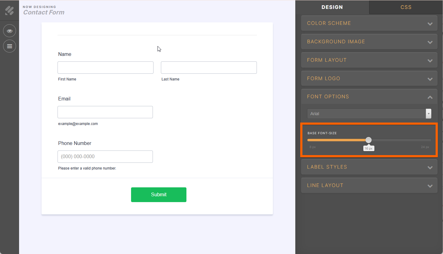 Base Font Size option in Advanced Designer Jotform
