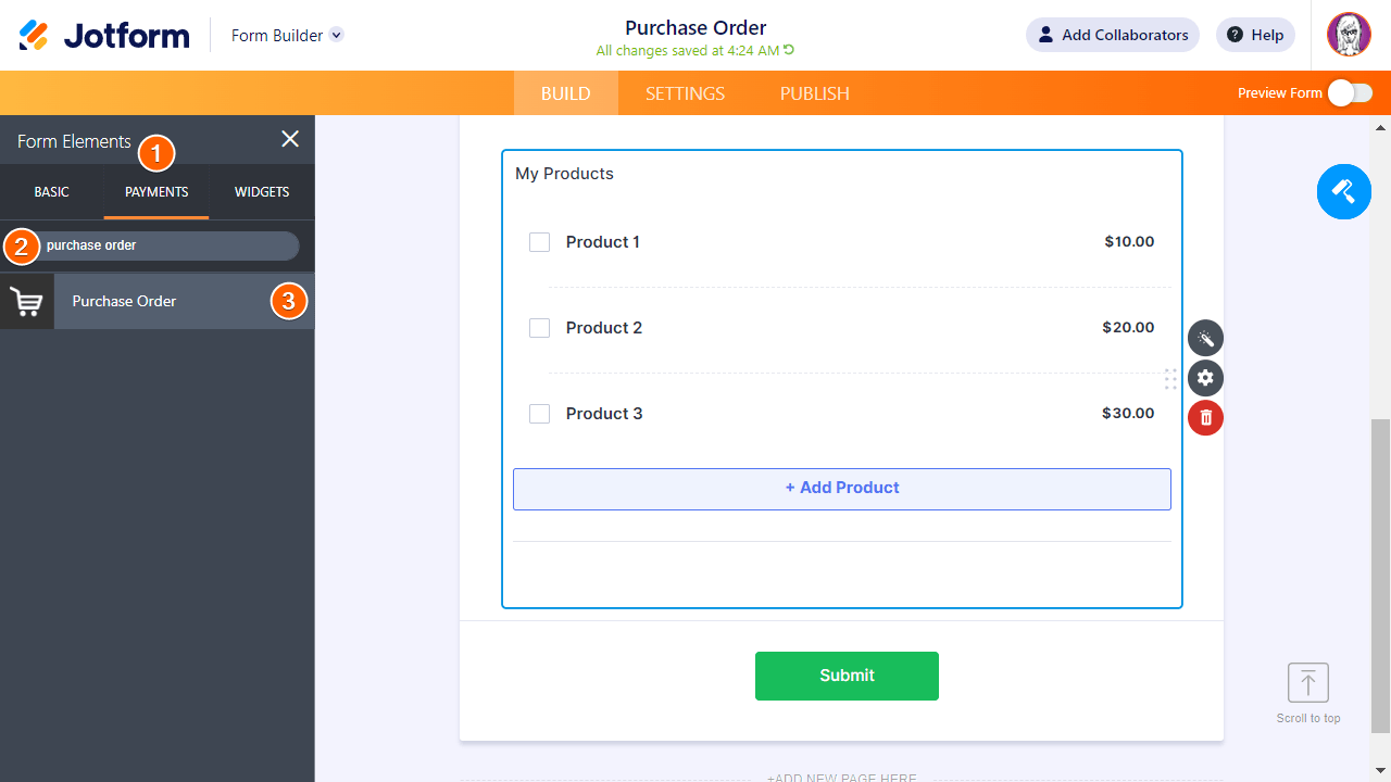 Jotform Purchase Order Element