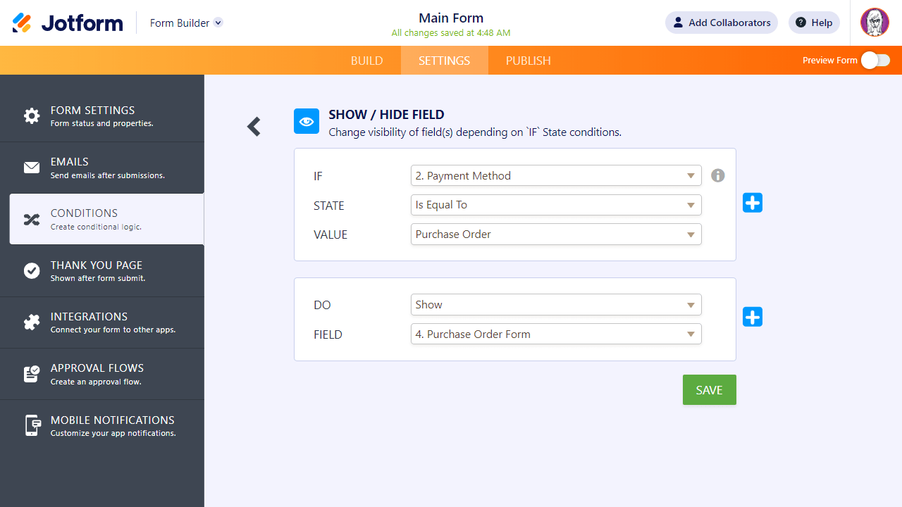 Jotform Purchase Conditions
