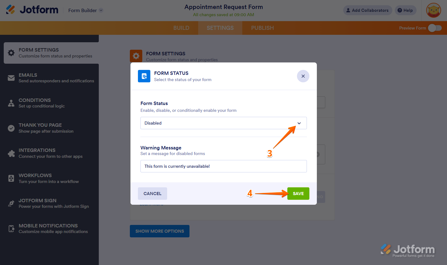 Disable option and Save button on Jotform