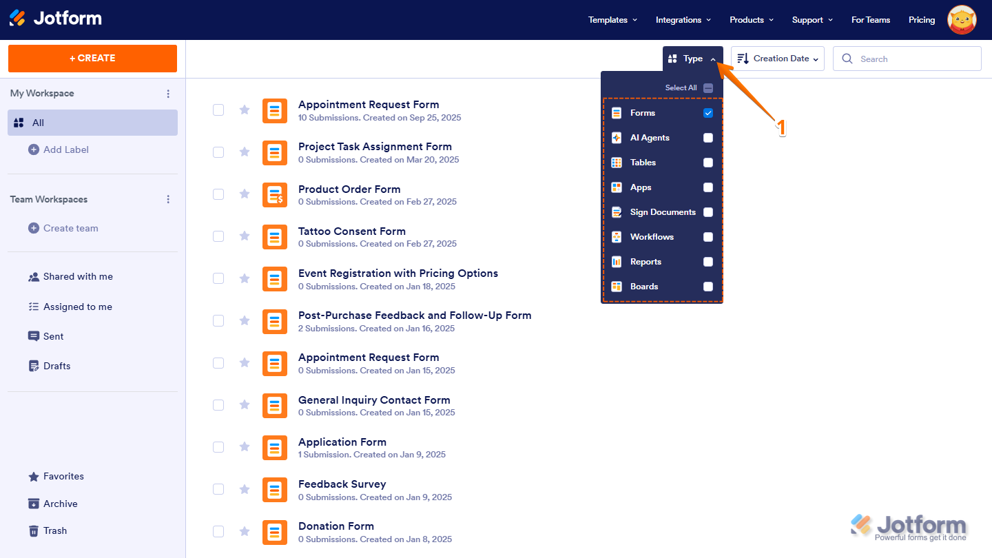 Jotform My Workspace page with the 'Type' dropdown open, showing only 'Forms' selected