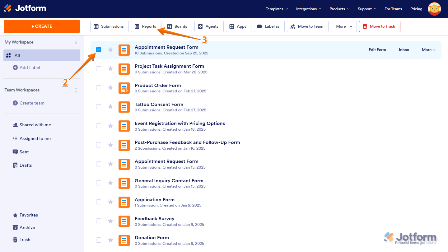 Jotform My Workspace page with a form selected