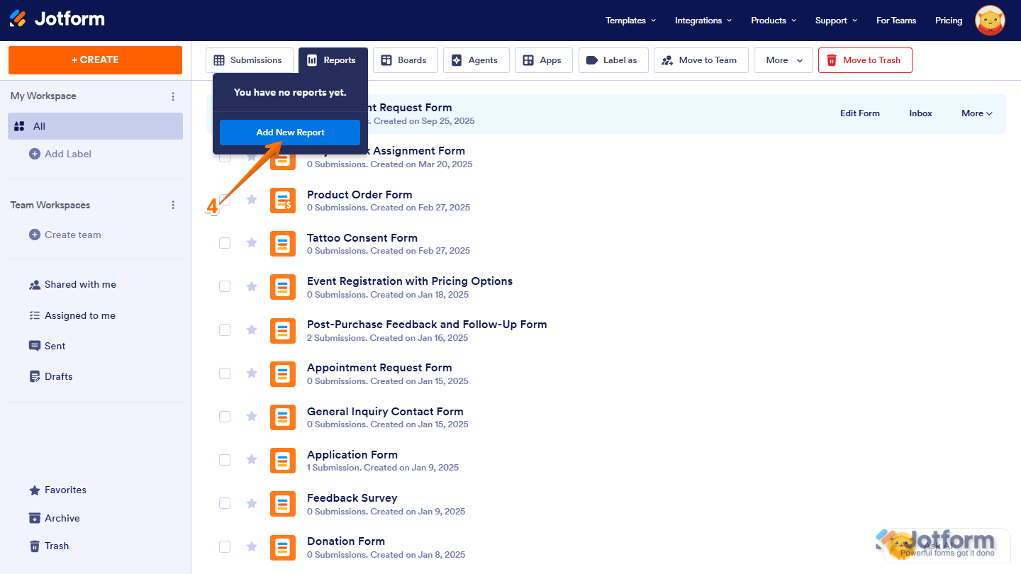 Jotform My Workspace page with the 'Reports' menu open and the 'Add New Report' button