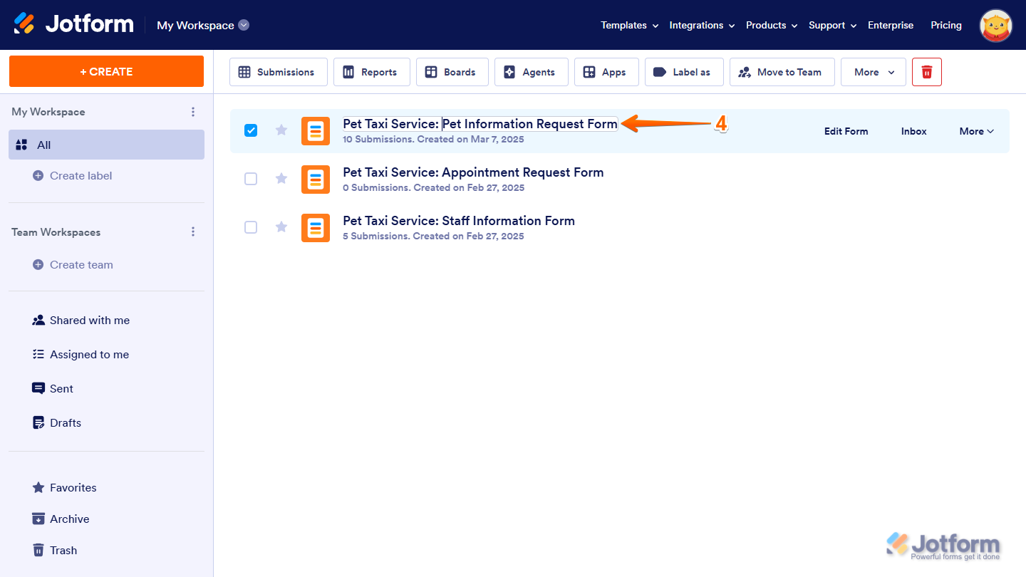 Renombrar formulario en la página Mi Espacio de Trabajo de Jotform